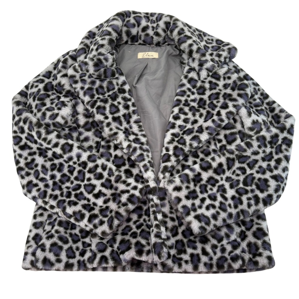 Elan Womens Grey Purple Leopard Faux Fur Jacket FJP8090 Size M Open Front Coat